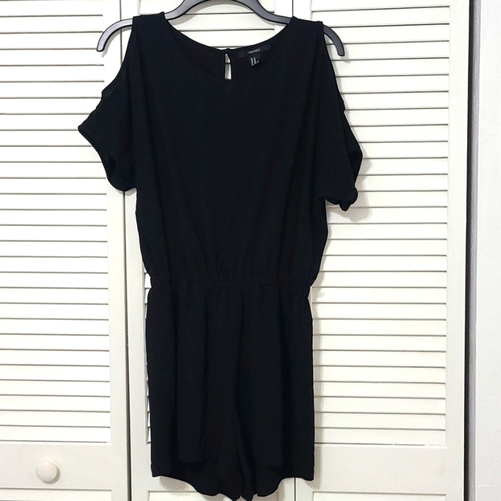 MED Forever21 Black Romper Gathered Waist & Cut Out Shoulders